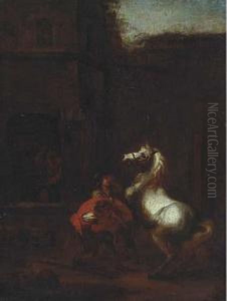 A Blacksmith And A Peasant With A White Horse Oil Painting by Pieter Van Laer (BAMBOCCIO)