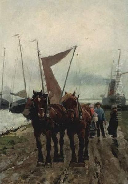 Trekpaarden Aan De Waterkant (1882)
Panneau Oil Painting by Frans Van Leemputten