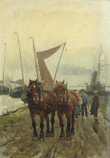 Draft Horses And Figures On A Path By The Water's Edge Oil Painting by Frans Van Leemputten