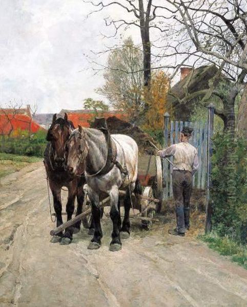 Boer Met Kar En Twee Paarden (1891) Oil Painting by Frans Van Leemputten