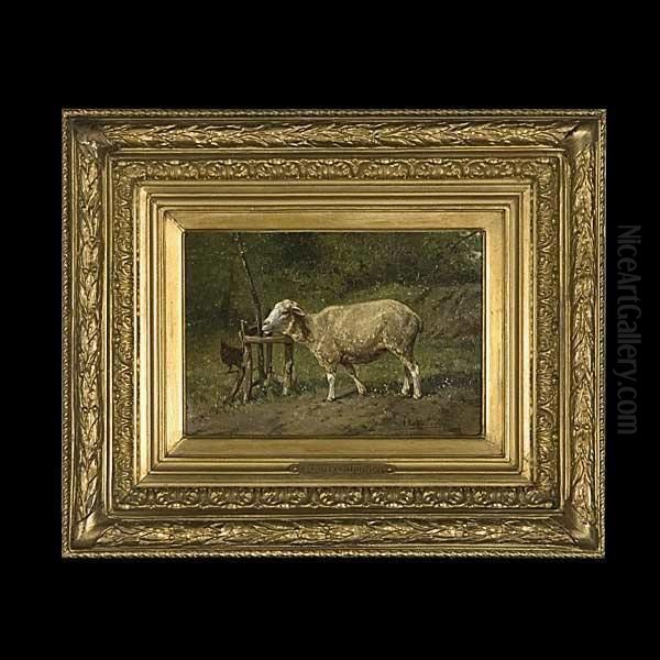 Sheep And A Chicken In A Field Oil Painting by Frans Van Leemputten