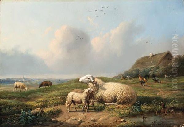 A Pastorale Landscape With Sheep, Chickens And Ducks Oil Painting by Frans Van Leemputten