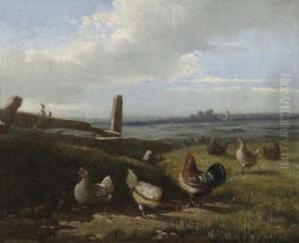 Huhner Auf Der Wiese. Oil Painting by Jean-Baptiste Van Leemputten