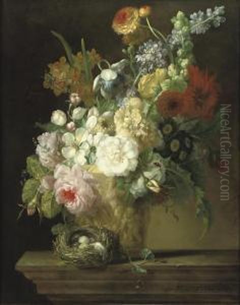 Roses, Chrysanthemums, Anemonies
 And Other Flowers In A Sculptedvase With A Bird's Nest On A Stone Ledge Oil Painting by Willem van Leen