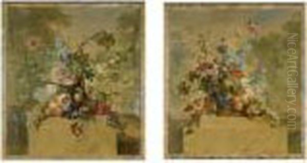 Still Lifes Of Fruit And Flowers In Baskets On Marble Socles, In A Landscape Setting Oil Painting by Willem van Leen