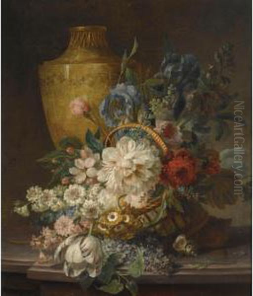 A Still Life With Roses, A 
Tulip, Forget-me-nots, Hyacinths, Irises And Other Flowers In A Reed 
Basket, Together With A Stone Urn And A Shell, All On A Stone Ledge Oil Painting by Willem van Leen