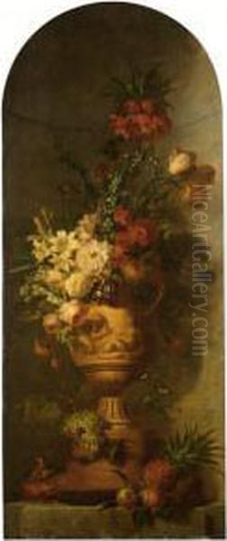 An Elaborate Still Life With 
Lilies, Tulips, Roses, Morning Glory, Auricula, Hyacinths, An Imperial 
Crown And Other Flowers In A Terracotta Vase, Together With Grapes, A 
Pineapple, A Peach, An Apple, And A Melon, All On A Stone Ledge With Two
 Finc Oil Painting by Willem van Leen