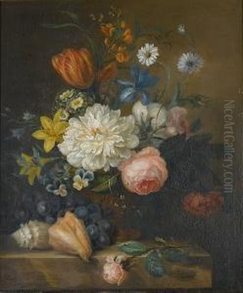 Roses, A Tulip, Violets, An Iris
 And Other Flowers In A Bronze Urn With A Rose, Conch Shells And Grapes
 On A Stone Ledge Oil Painting by Willem van Leen