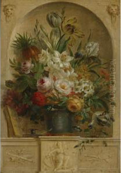 Still Life Of Flowers In A Niche Oil Painting by Willem van Leen