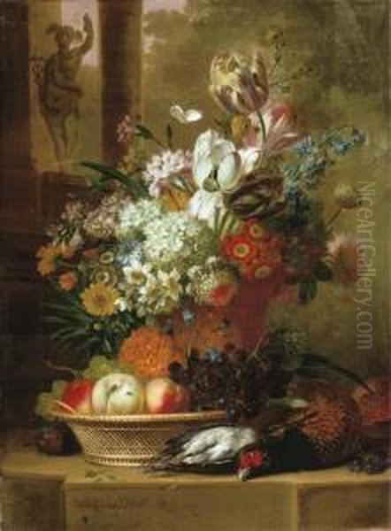 Flowers, Fruit And Dead Game On A Stone Ledge With A Sculpture Ofmercury Beyond Oil Painting by Willem van Leen