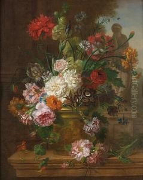 Chrysanthemums, Carnations, 
Roses, Morning Glory And Other Flowers In A Stone Urn On A Stone Ledge, A
 Classical Statue Beyond Oil Painting by Willem van Leen