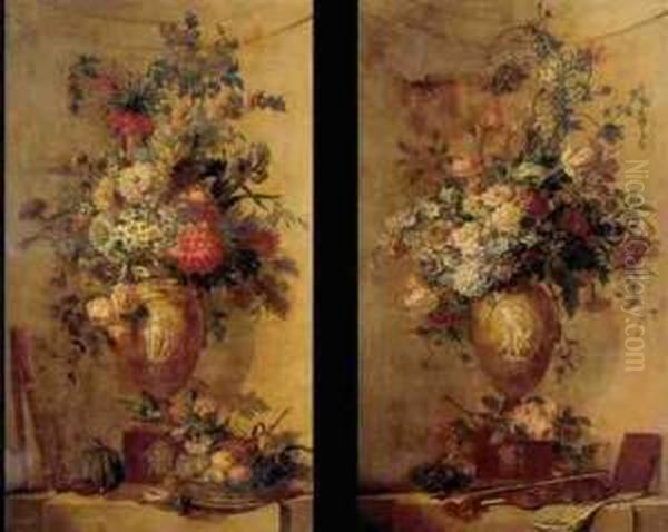 An Elaborate Still Life Of 
Flowers In An Urn, A Basket Of Fruit And A Flute All Resting On A Ledge 
And An Elaborate Still Life Of Flowers In An Urn, A Bird's Nest, A 
Violin And Bow And A Book All Resting On A Ledge: A Pair Of Paintings Oil Painting by Willem van Leen