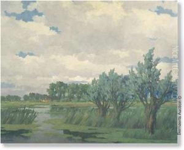 Overmeirelake. Board. Signed 'k.van Lerberghe' Oil Painting by Karel Van Lerberghe