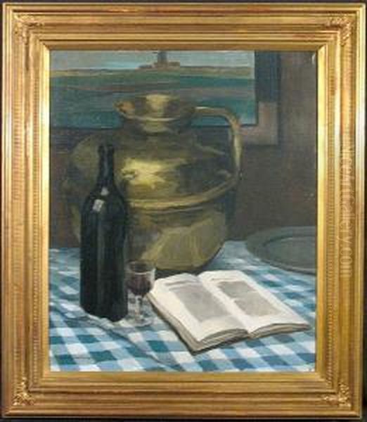 A Still Life With A Book, Jug And Bottle Of Wine Oil Painting by Karel Van Lerberghe