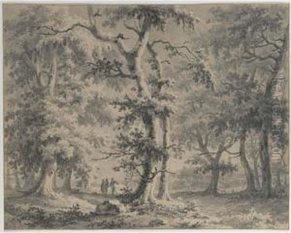 A Wooded Landscape With Travellers On A Path, A Church Beyond Oil Painting by Paulus Van Liender