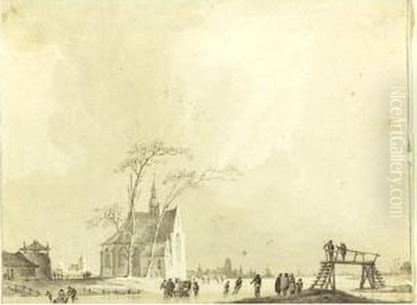 'view Of A Frozen Canal With Ice Skaters' And 'view Of A River Town': Two Drawings Oil Painting by Paulus Van Liender