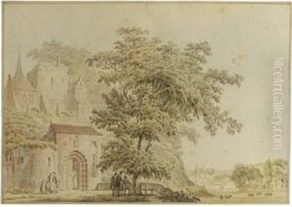 A Tree By The Gateway To A Castle, An Extensive Landscape Beyond Oil Painting by Paulus Van Liender