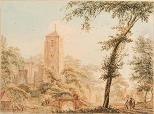 A Ruined Church In A Village With Figures By A Bridge Over Ariver Oil Painting by Paulus Van Liender