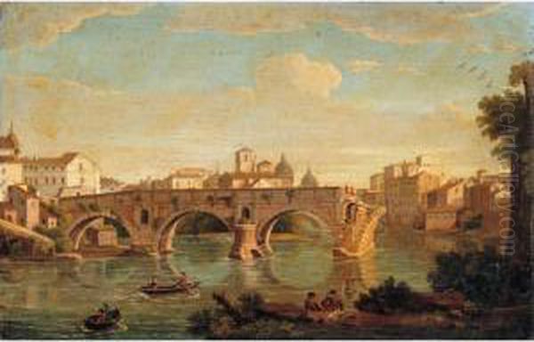 Rome, A View Of The Ponte Rotto With The Basilica Of Saint Peter's In The Distance Oil Painting by Giacomo Van Lint