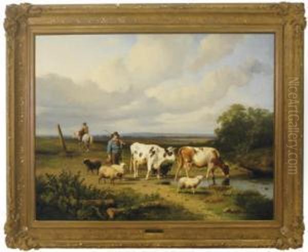 Shepherd With Sheep And Cattle Near A Watering Hole Oil Painting by Dirk Peter Van Lokhorst