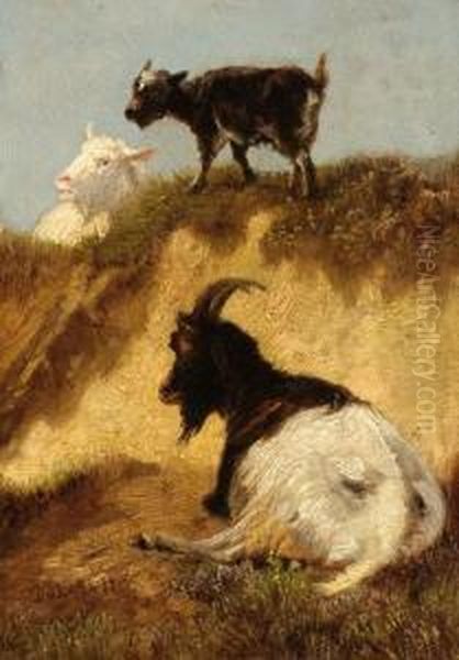 Three Goats In A Landscape Oil Painting by Dirk Peter Van Lokhorst