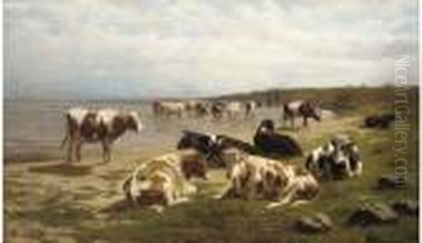 Cattle At The Waters' Edge Oil Painting by Dirk Peter Van Lokhorst