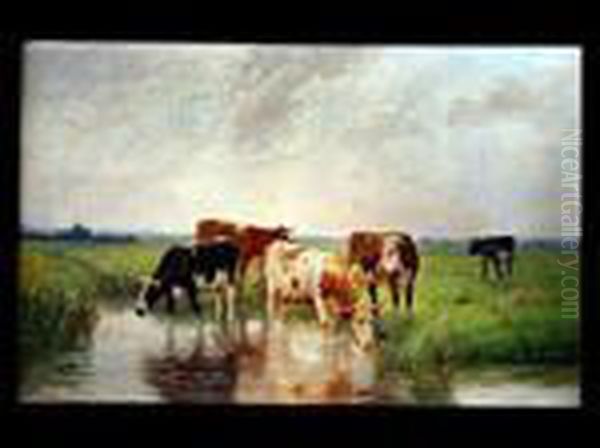 Rinderherde Am Wasser Oil Painting by Dirk Peter Van Lokhorst