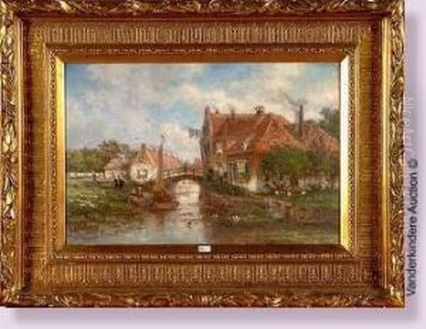 Bord De Canal Anime En Hollande Oil Painting by Johan Nicolaas Van Lokhorst