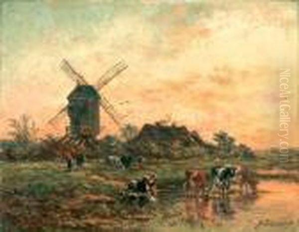 Vaches Au Moulin Pres De Dordrecht Oil Painting by Johan Nicolaas Van Lokhorst