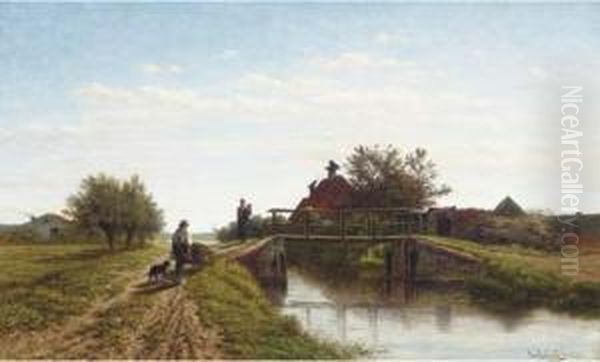 By The Bridge Oil Painting by Johan Nicolaas Van Lokhorst