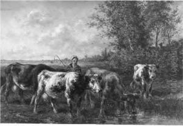 A Cowherdess And Cattle Oil Painting by Johan Nicolaas Van Lokhorst