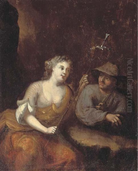 Lady As A Shepherdess With A Peasant In A Rocky Gorge Oil Painting by Jacob van Loo