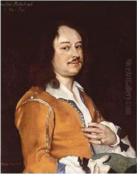 Portrait Of A Man, Half Length, 
Wearing An Ochre Jacket, Holding A Drawing In His Right Hand Oil Painting by Jacob van Loo