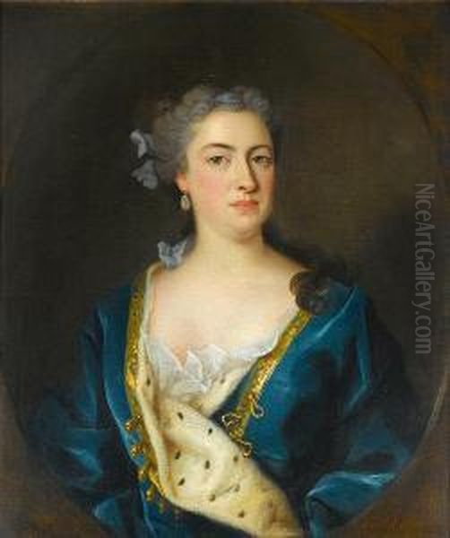 Portrait Of A Lady, Half-length,
 In A Blue Ermine-lined Robe And A Blue Ribbon In Her Hair, In A Painted
 Oval Oil Painting by Jean Baptiste van Loo