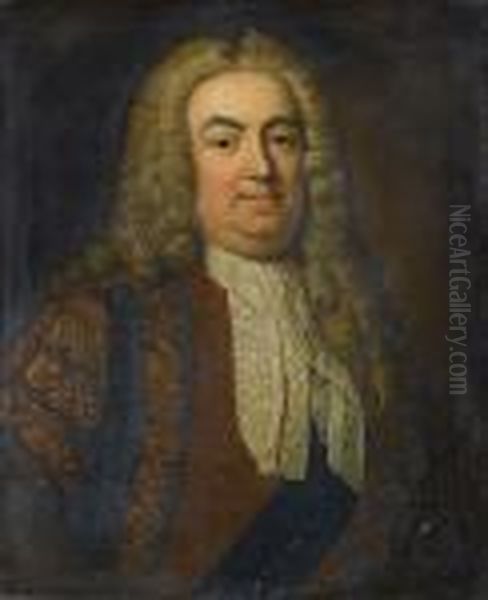 Portrait Of Sir Robert Walpole, 
1st Earl Of Orford, Bust-length, In Brown Brocade Robes, A Dark Blue 
Sash And The Badge Of The Order Of The Garter And A White Lace Jabot In A
 Painted Oval Oil Painting by Jean Baptiste van Loo