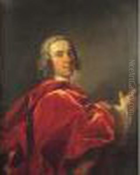 Portrait D'un Homme De Qualite Dans Un Grand Manteau Rouge, La Main
 Droite En Avant Oil Painting by Jean Baptiste van Loo