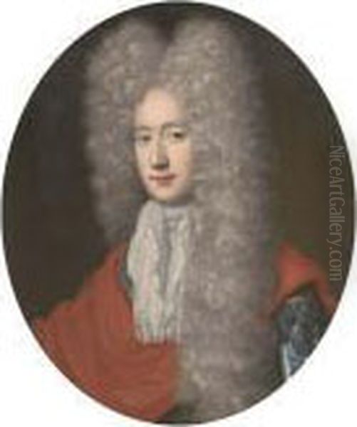 Portrait Of A Gentleman, Bust-length, Wearing An Armoured Tunic,red Wrap And Long Wig Oil Painting by Jean Baptiste van Loo