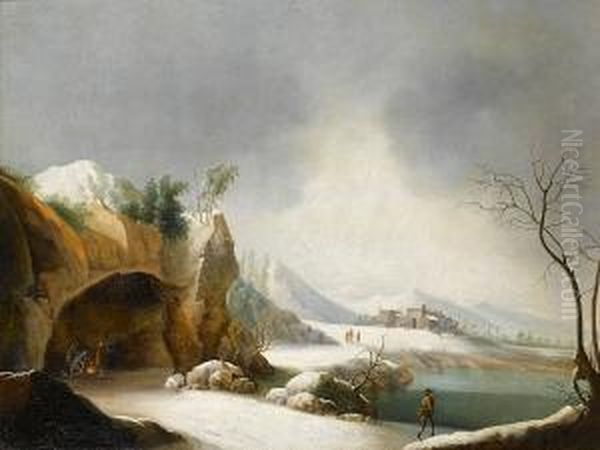 A Winter Landscape With Figures Around Acampfire At The Mouth Of A Grotto Oil Painting by Jules Cesar Denis van Loo