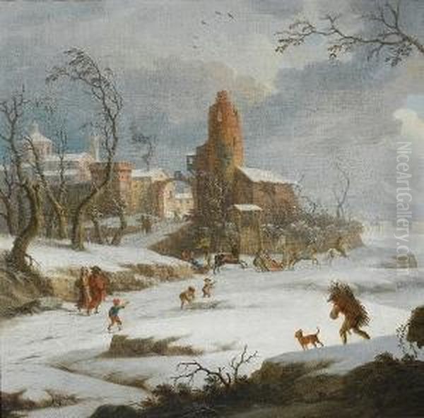 A Winter Landscape With Figures 
Collecting Firewood And Elegant Travellers In Horse-drawn Sleighs Oil Painting by Jules Cesar Denis van Loo