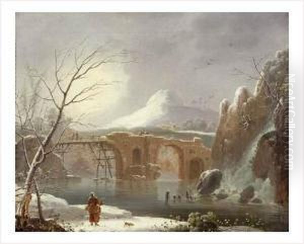 Paysage De Neige Avec Un Pont En Ruine Oil Painting by Jules Cesar Denis van Loo