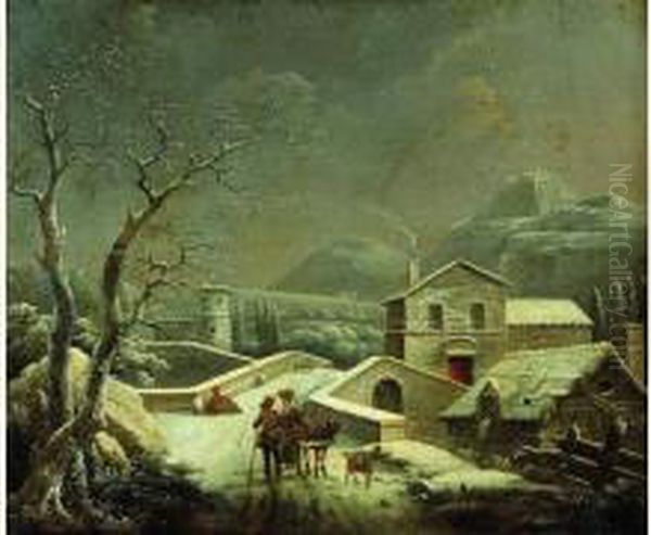 Deux Paysans Sur Un Chemin Pres D'un Village Enneige Oil Painting by Jules Cesar Denis van Loo