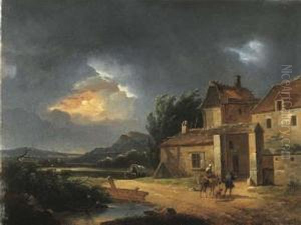 Paesaggio Tempestoso Con Viandanti Presso Una Fattoria Oil Painting by Jules Cesar Denis van Loo