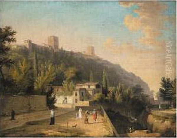 A View Of Granada With A Waterseller And Other Figures Oil Painting by Jules Cesar Denis van Loo