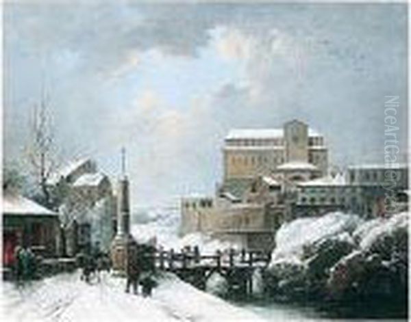 A Winter Landscape With Figures Crossing A Bridge Near A Monastery Oil Painting by Jules Cesar Denis van Loo