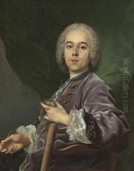 Portrait Of Jacques Roettiers, 
Seated Half-length, In A Lavendercoat, Holding A Medallion Oil Painting by Louis-Michel Van Loo