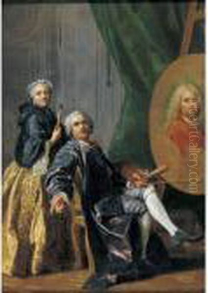 Louis-michel Van Loo Painting A Portrait Of His Father Oil Painting by Louis-Michel Van Loo