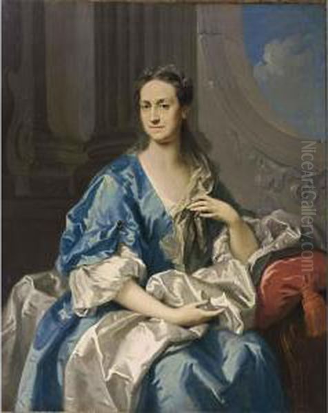 A Portrait Of A Lady, Said To Be
 A Princess Of Hannover, Seated Three-quarter Length, Wearing A Blue And
 White Dress, In An Architectural Setting Oil Painting by Louis-Michel Van Loo