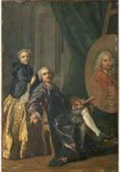 Louis Michel Van Loo Peignant Le Portrait De Son Pere, Conseille
 Par Sa Soeur Oil Painting by Louis-Michel Van Loo