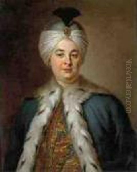 Portrait Of The Actor Lekain, In A Turkish Headdress Oil Painting by Louis-Michel Van Loo