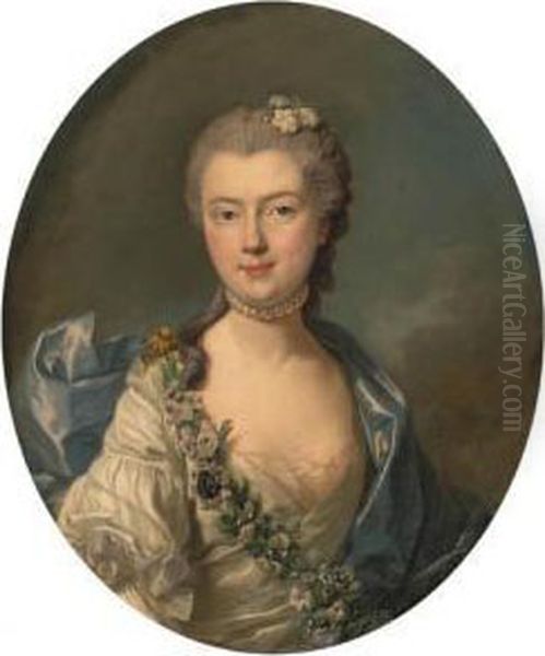 Portrait Of Countess Jeanne De 
Chrion-franois De Lamoignon,bust-length, In A White Silk Dress With A 
Blue Shawl And A Garlandof Flowers; And Portrait Of Count Chrion-franois
 De Lamoignon,bust-length, In A Grey Velvet Coat Oil Painting by Louis-Michel Van Loo